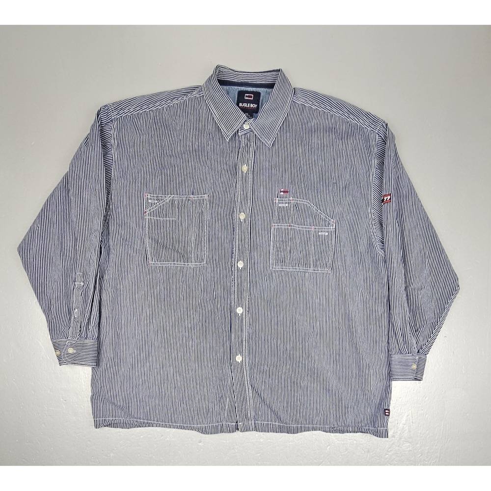 Vintage Bugle‎ Boy Button-Up Shirt Mens 2XL Blue 77 Long Sleeve Pockets Striped